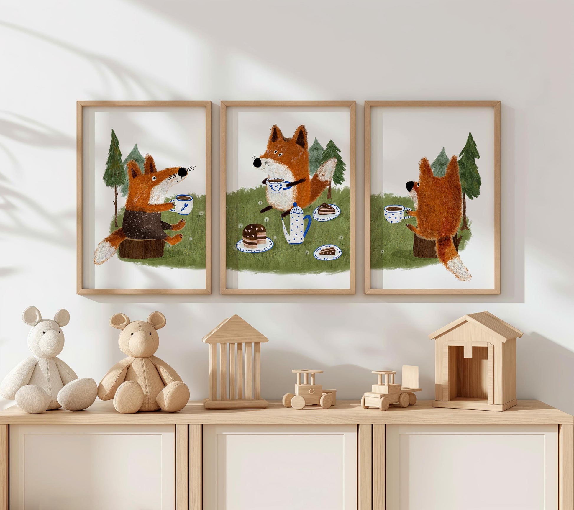 Set of 3 Nursery Woodland Art Prints, Fox Tea party Wall Art Print for Children Room, Kids Poster, Storybook Decor, Forest animal Art N192
