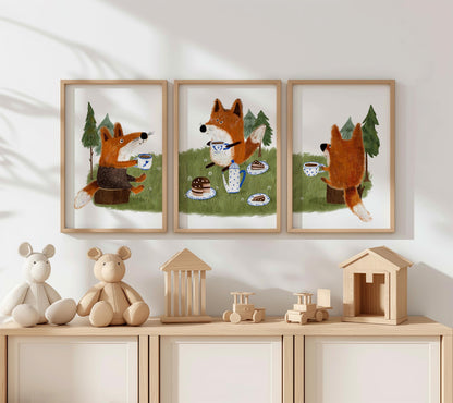 Set of 3 Nursery Woodland Art Prints, Fox Tea party Wall Art Print for Children Room, Kids Poster, Storybook Decor, Forest animal Art N192