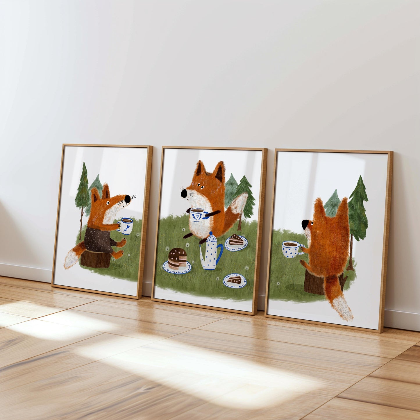 Set of 3 Nursery Woodland Art Prints, Fox Tea party Wall Art Print for Children Room, Kids Poster, Storybook Decor, Forest animal Art N192