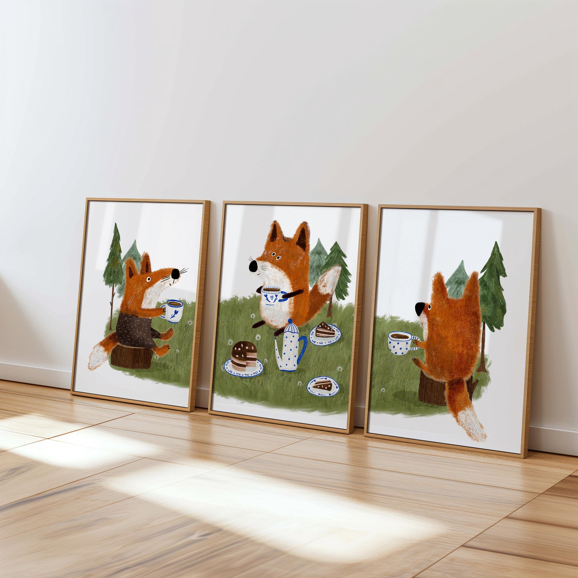 Set of 3 Nursery Woodland Art Prints, Fox Tea party Wall Art Print for Children Room, Kids Poster, Storybook Decor, Forest animal Art N192