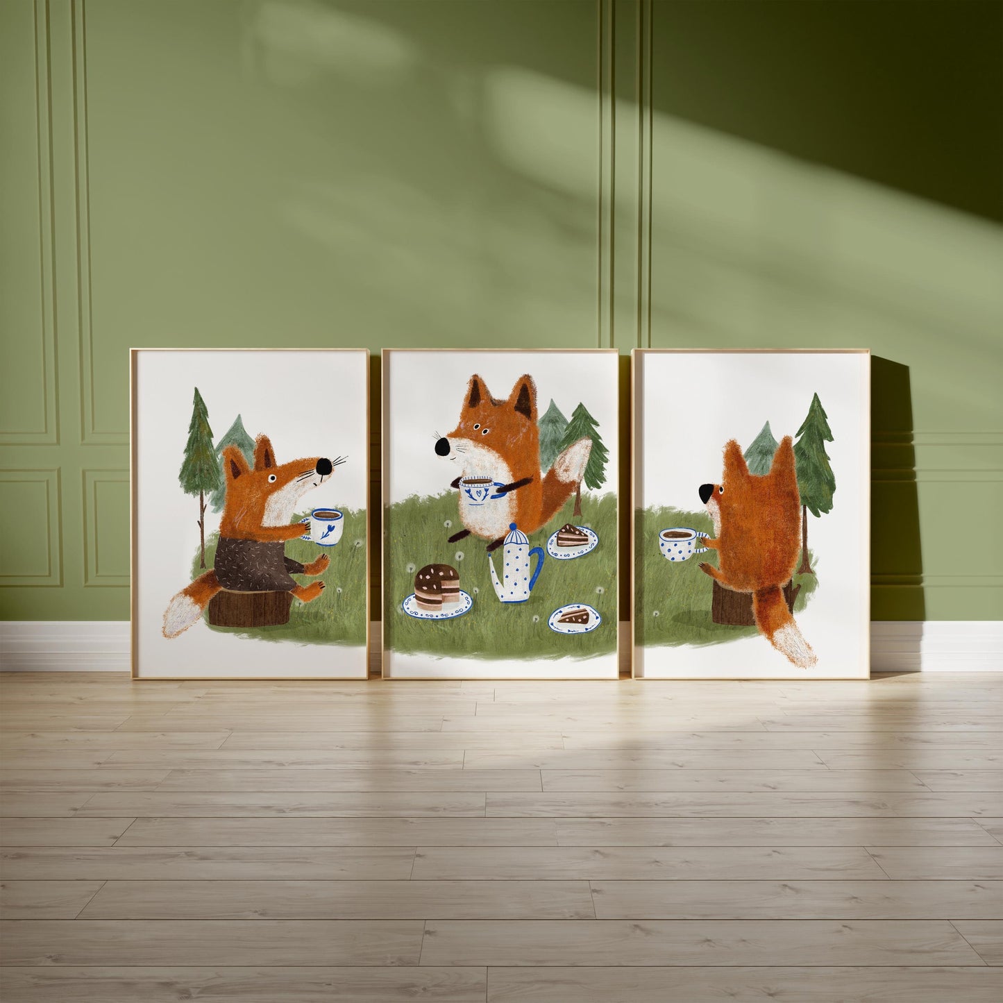 Set of 3 Nursery Woodland Art Prints, Fox Tea party Wall Art Print for Children Room, Kids Poster, Storybook Decor, Forest animal Art N192