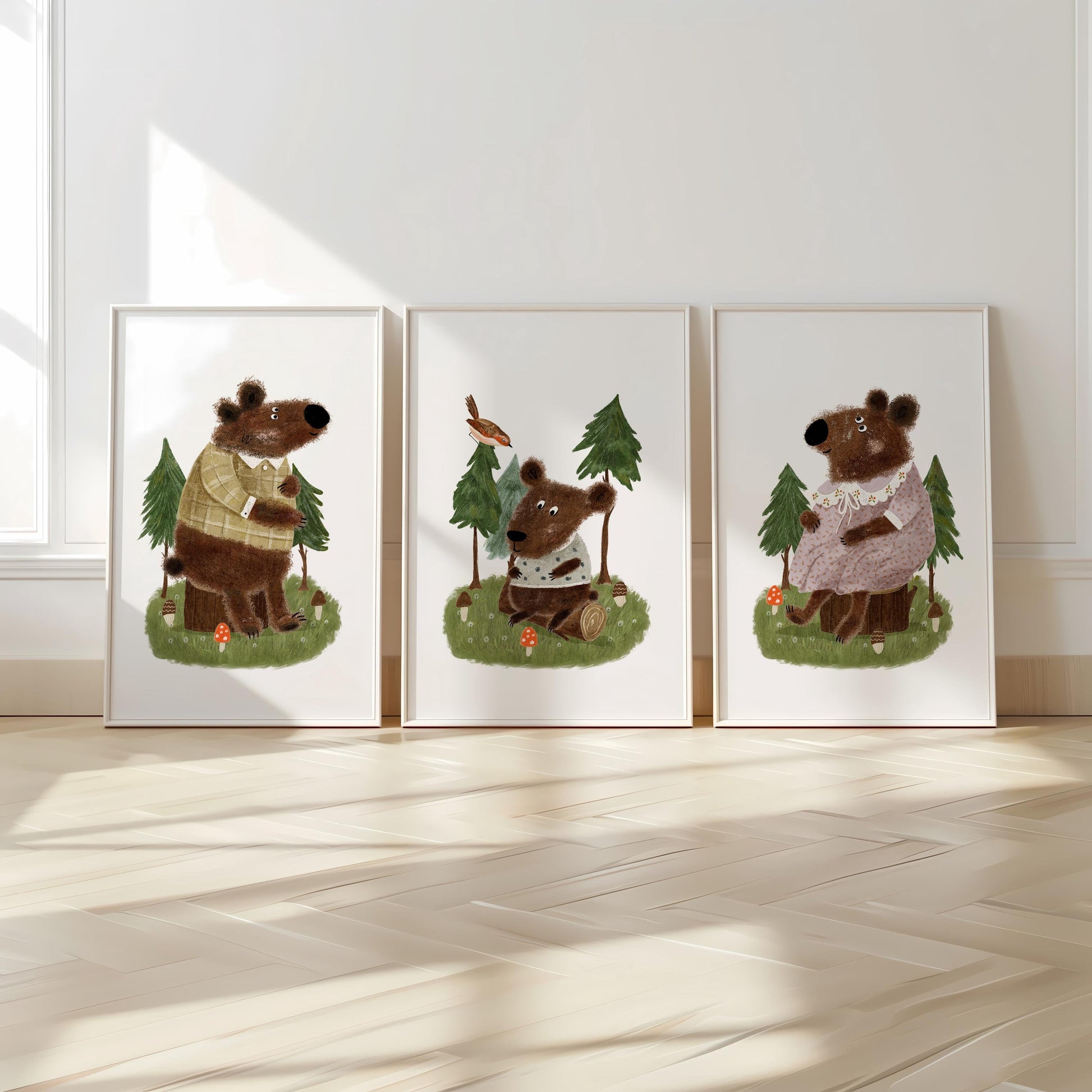 Set of 3 Nursery Woodland Art Prints, Bear Family Wall Decor, Storybook Poster, Forest animal Art, Playroom Themes, Kids Nature Posters N193