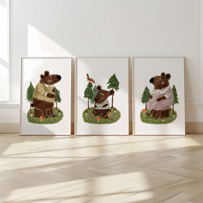Set of 3 Nursery Woodland Art Prints, Bear Family Wall Decor, Storybook Poster, Forest animal Art, Playroom Themes, Kids Nature Posters N193