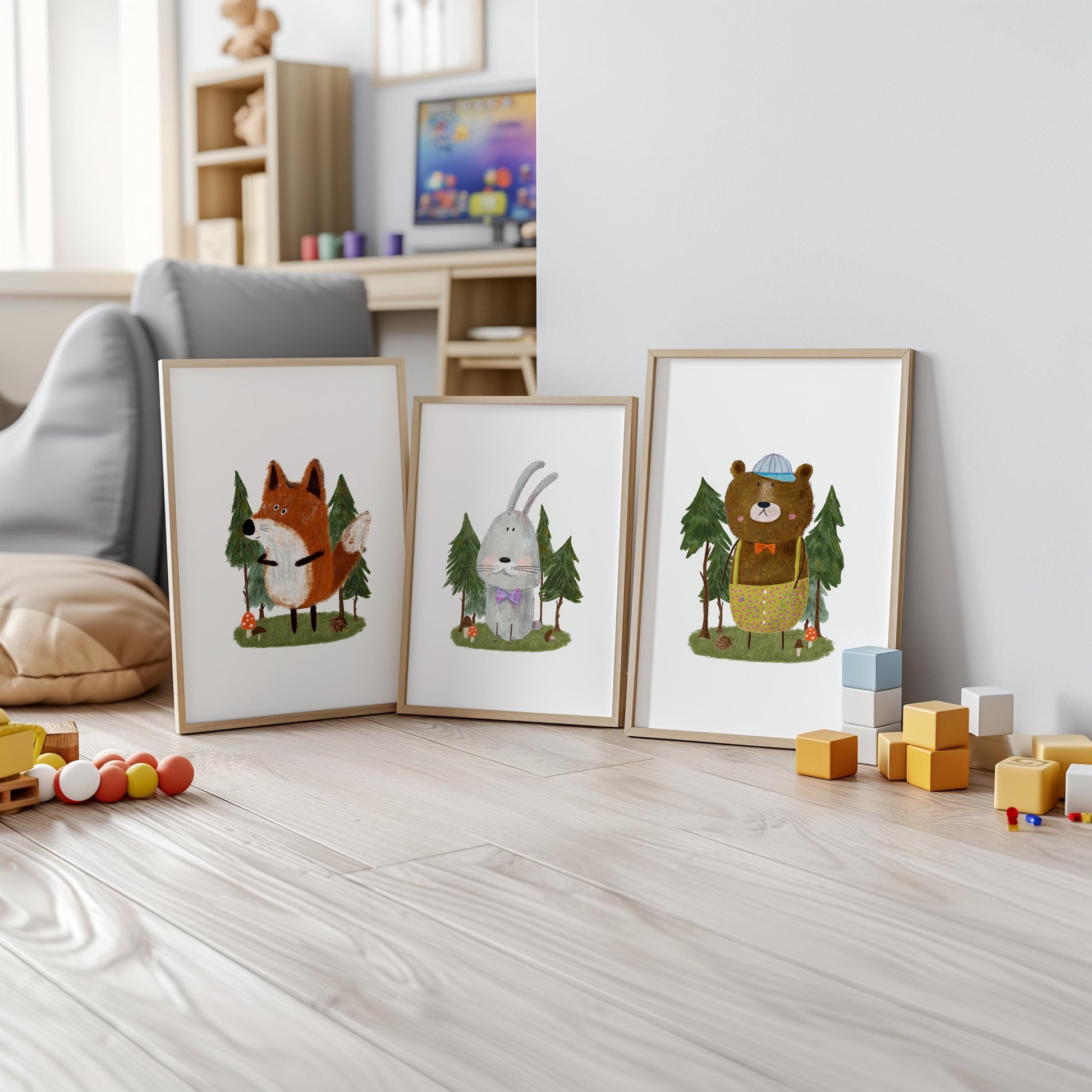 Set of 3 Nursery Art Prints, Woodland Wall Art Print for Cozy Children's Room, Watercolor Kids art, Storybook Poster, Fox Bear Wall Art N194