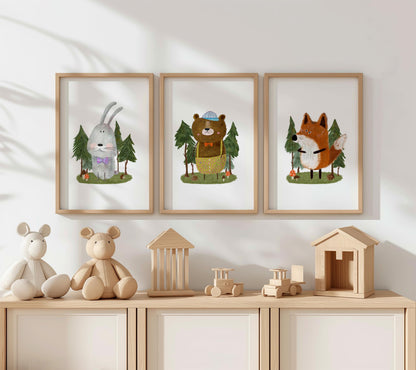 Set of 3 Nursery Art Prints, Woodland Wall Art Print for Cozy Children's Room, Watercolor Kids art, Storybook Poster, Fox Bear Wall Art N194