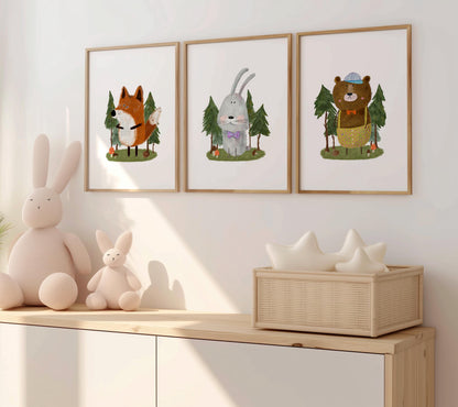 Set of 3 Nursery Art Prints, Woodland Wall Art Print for Cozy Children's Room, Watercolor Kids art, Storybook Poster, Fox Bear Wall Art N194
