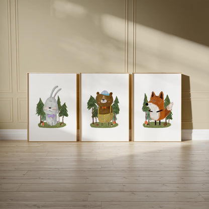 Set of 3 Nursery Art Prints, Woodland Wall Art Print for Cozy Children's Room, Watercolor Kids art, Storybook Poster, Fox Bear Wall Art N194