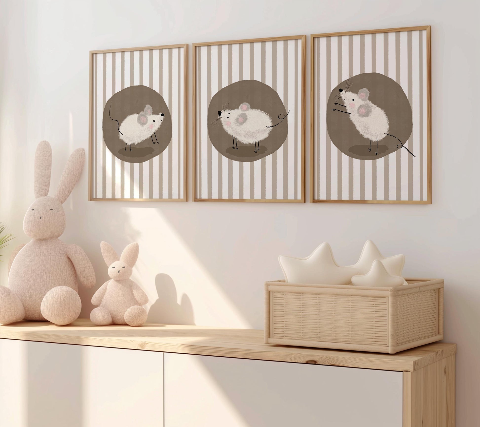Mouse Nursery Wall Art, Neutral Striped Prints Set of 3, Whimsical Animal Kids Room Decor, Gender Neutral Baby Room Art N195