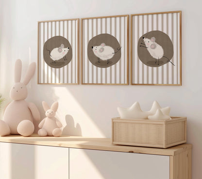 Mouse Nursery Wall Art, Neutral Striped Prints Set of 3, Whimsical Animal Kids Room Decor, Gender Neutral Baby Room Art N195