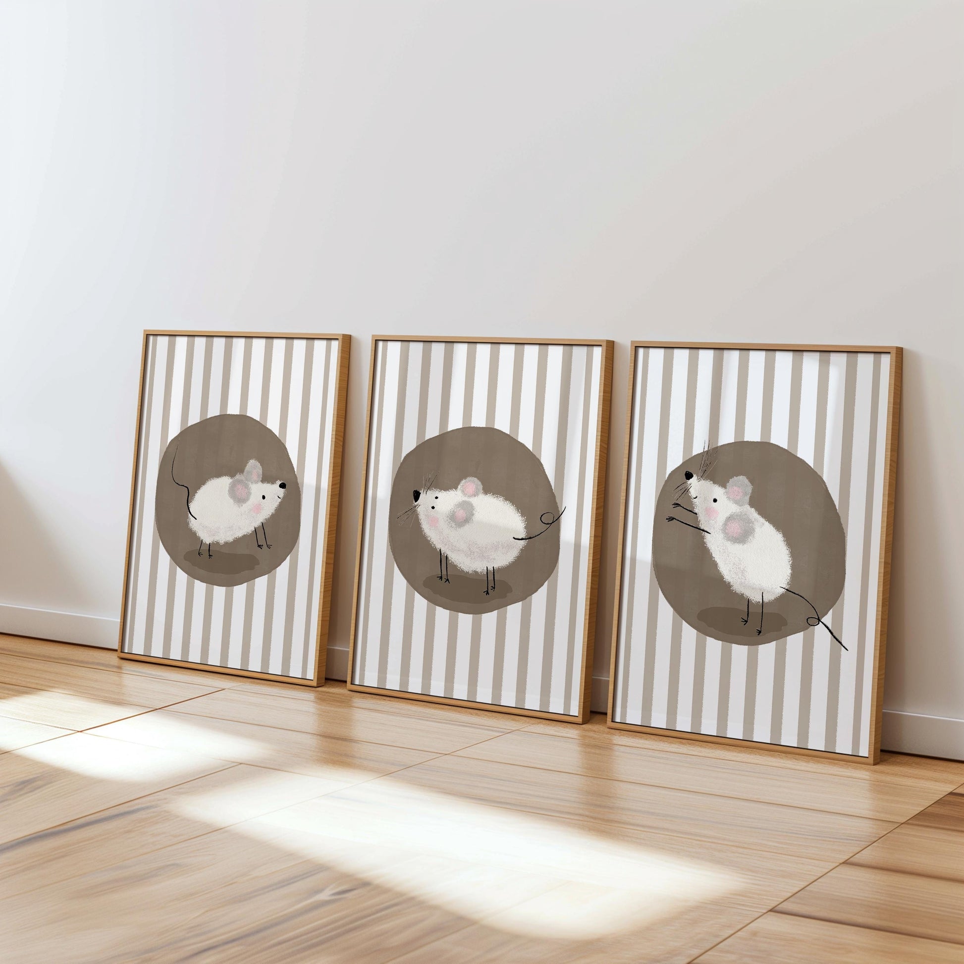 Mouse Nursery Wall Art, Neutral Striped Prints Set of 3, Whimsical Animal Kids Room Decor, Gender Neutral Baby Room Art N195