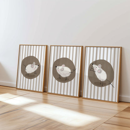 Mouse Nursery Wall Art, Neutral Striped Prints Set of 3, Whimsical Animal Kids Room Decor, Gender Neutral Baby Room Art N195