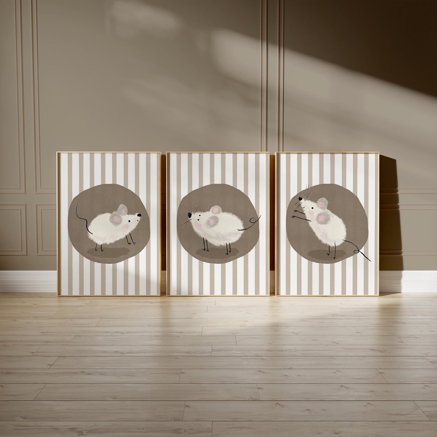 Mouse Nursery Wall Art, Neutral Striped Prints Set of 3, Whimsical Animal Kids Room Decor, Gender Neutral Baby Room Art N195