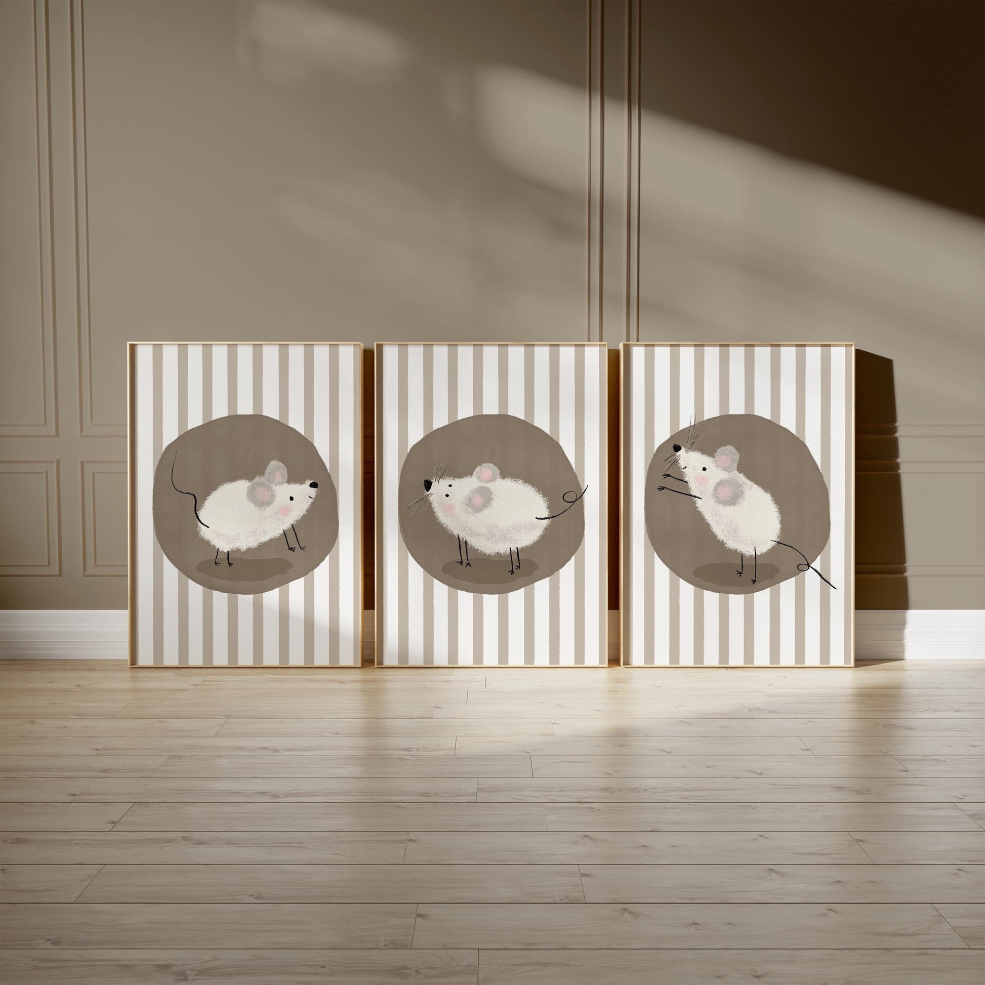 Mouse Nursery Wall Art, Neutral Striped Prints Set of 3, Whimsical Animal Kids Room Decor, Gender Neutral Baby Room Art N195