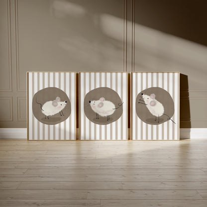 Mouse Nursery Wall Art, Neutral Striped Prints Set of 3, Whimsical Animal Kids Room Decor, Gender Neutral Baby Room Art N195