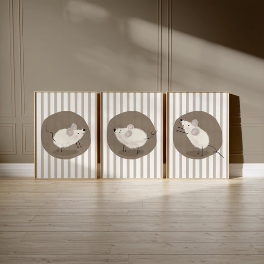 Mouse Nursery Wall Art, Neutral Striped Prints Set of 3, Whimsical Animal Kids Room Decor, Gender Neutral Baby Room Art N195