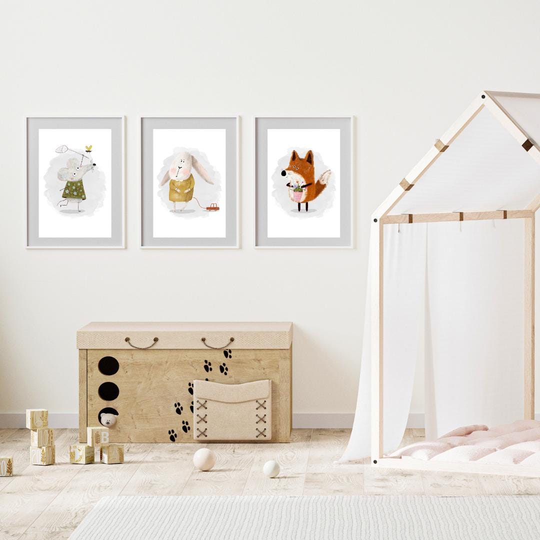 Woodland Nursery Prints, Watercolor Animal Art, Set of 3 N196