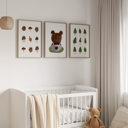 Woodland Nursery Wall Art Set, Forest Bear & Tree Prints, Neutral Baby Room Décor, Nature Kids Wall Prints Set of 3 N197