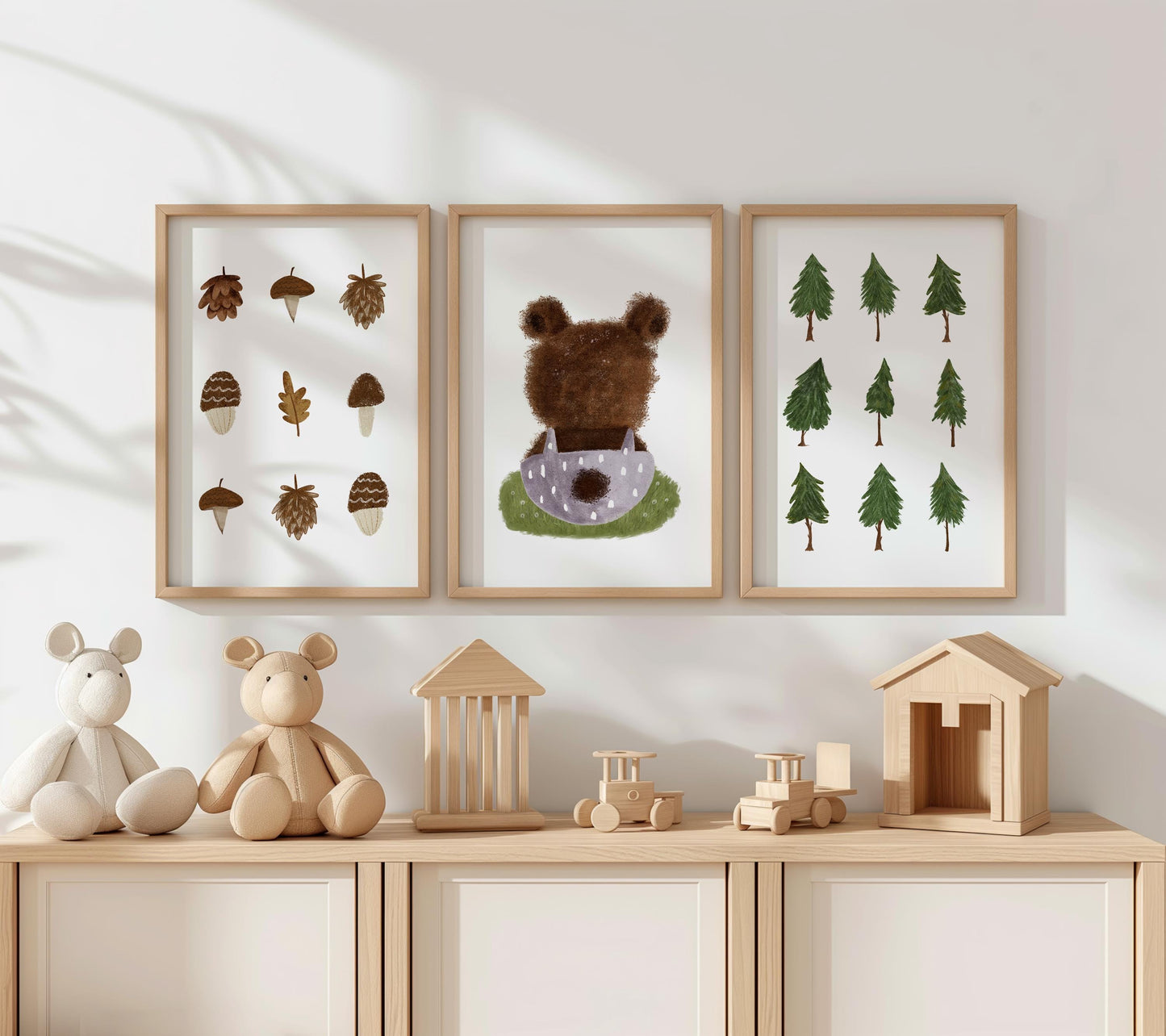 Woodland Nursery Wall Art Set, Forest Bear & Tree Prints, Neutral Baby Room Décor, Nature Kids Wall Prints Set of 3 N197