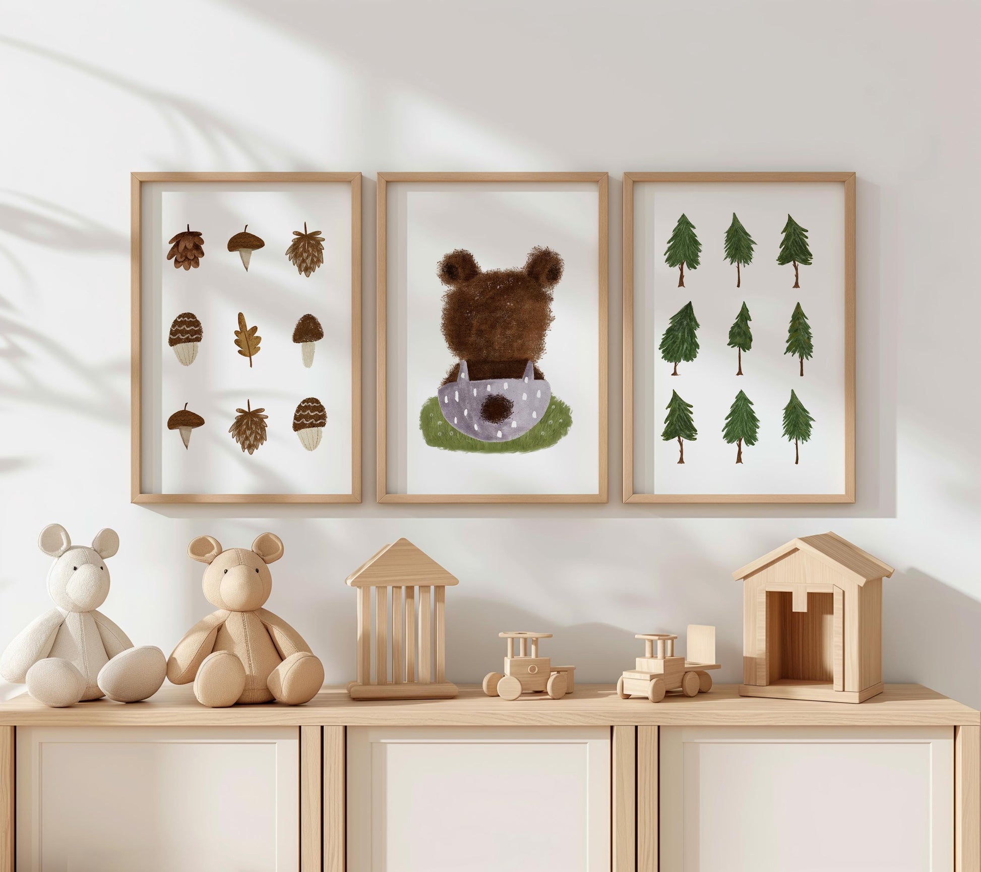 Woodland Nursery Wall Art Set, Forest Bear & Tree Prints, Neutral Baby Room Décor, Nature Kids Wall Prints Set of 3 N197
