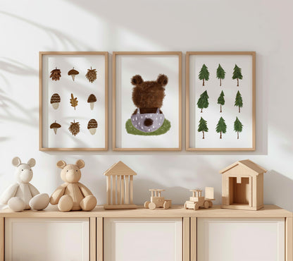 Woodland Nursery Wall Art Set, Forest Bear & Tree Prints, Neutral Baby Room Décor, Nature Kids Wall Prints Set of 3 N197