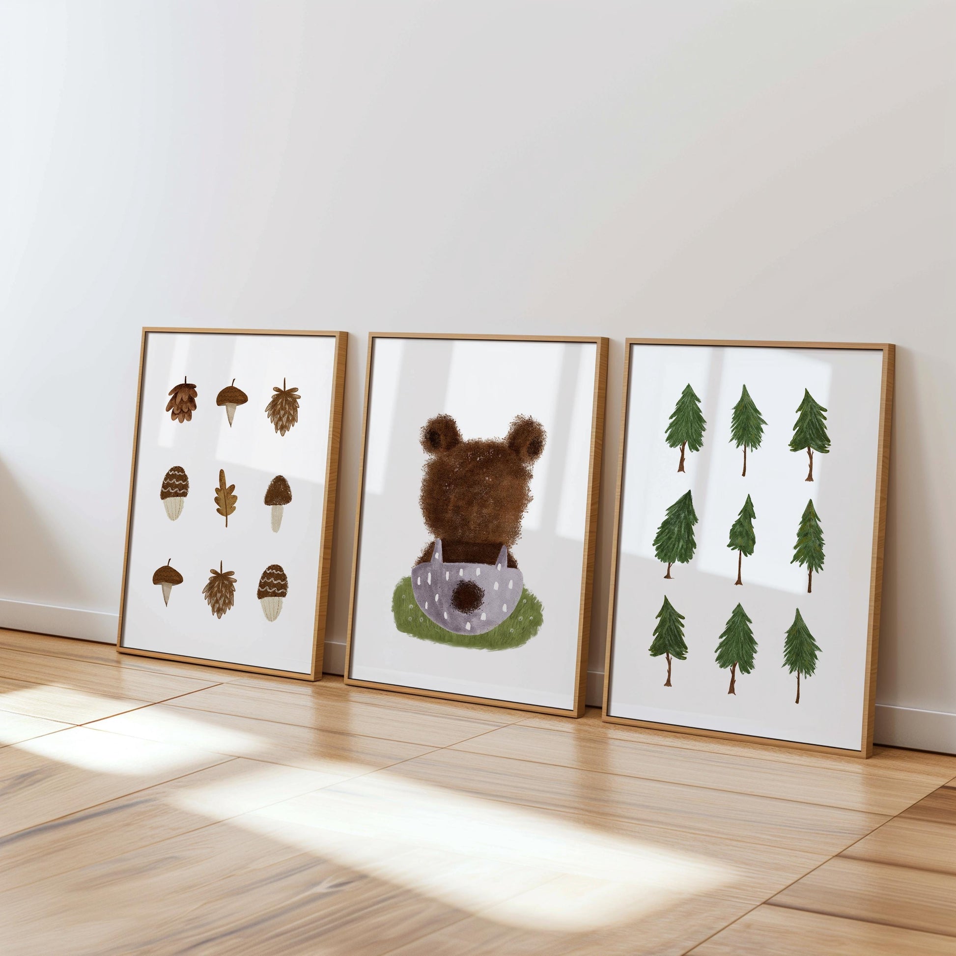 Woodland Nursery Wall Art Set, Forest Bear & Tree Prints, Neutral Baby Room Décor, Nature Kids Wall Prints Set of 3 N197