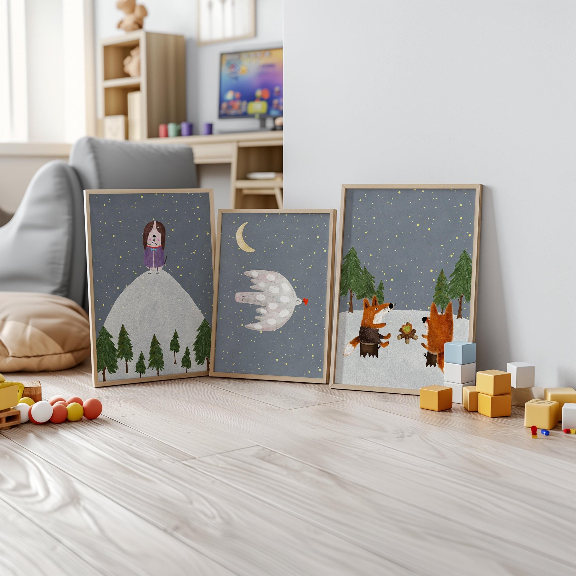 Woodland Nursery Prints, Forest Animals, Starry Night Decor (Set of 3) N198