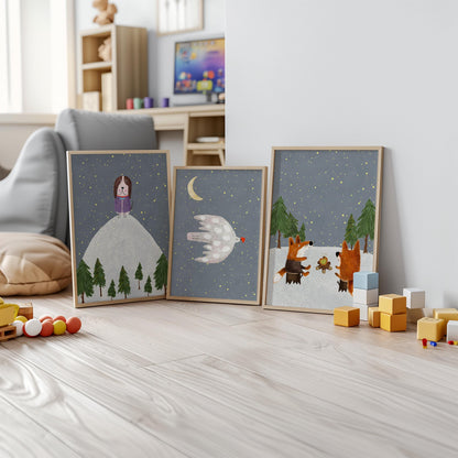 Woodland Nursery Prints, Forest Animals, Starry Night Decor (Set of 3) N198