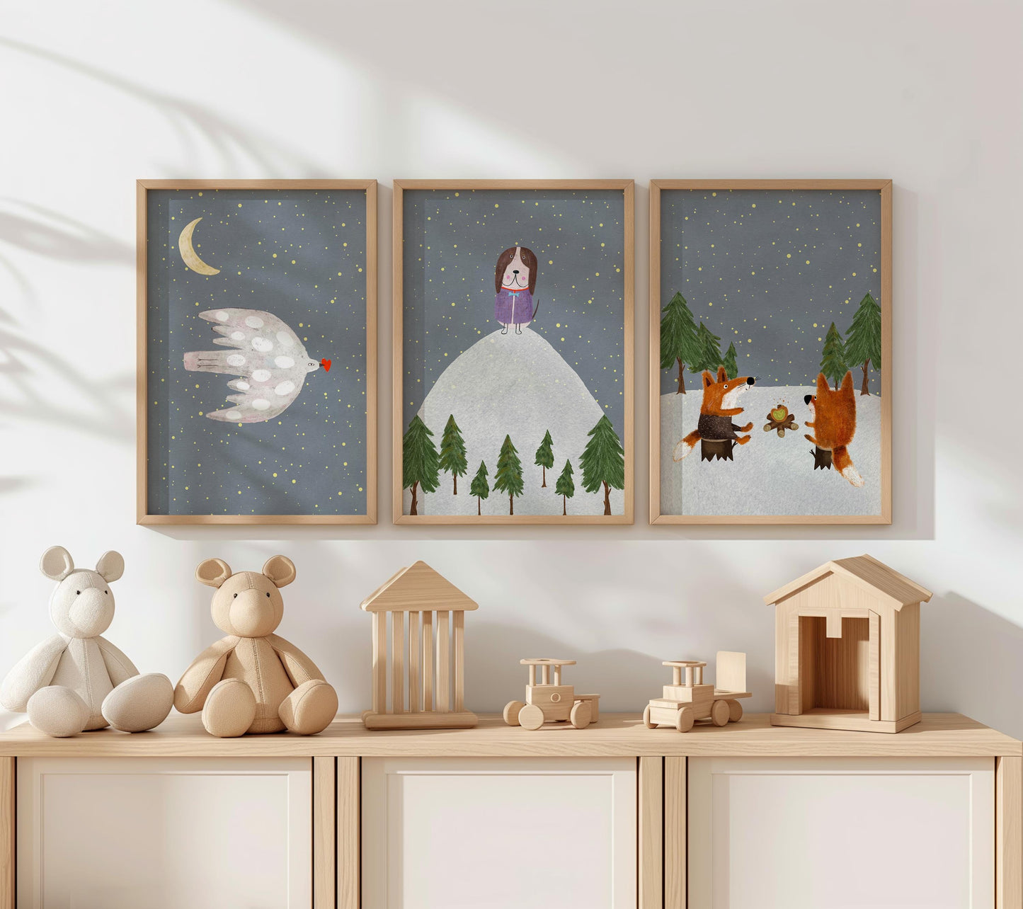 Woodland Nursery Prints, Forest Animals, Starry Night Decor (Set of 3) N198