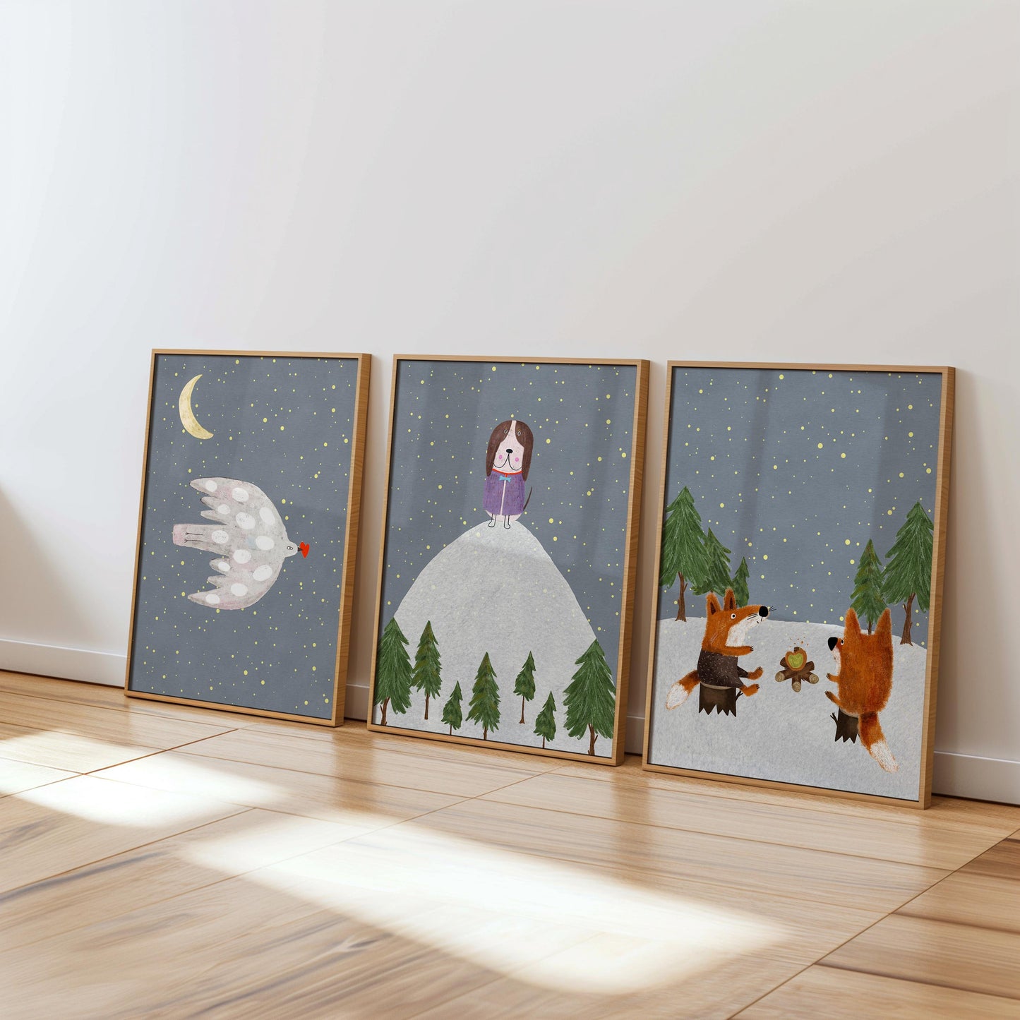 Woodland Nursery Prints, Forest Animals, Starry Night Decor (Set of 3) N198