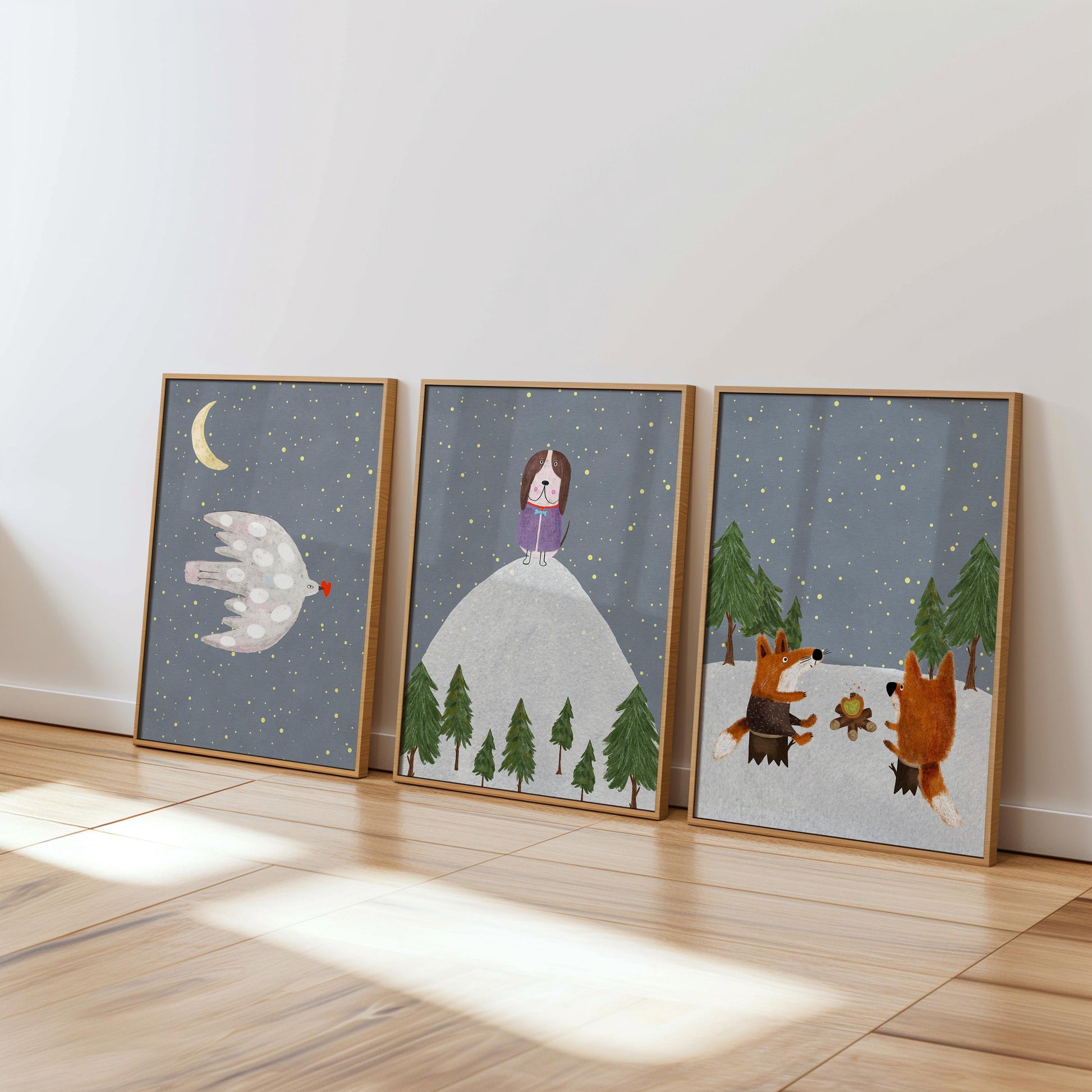 Woodland Nursery Prints, Forest Animals, Starry Night Decor (Set of 3) N198