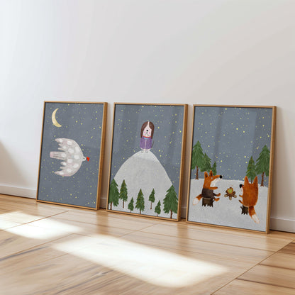 Woodland Nursery Prints, Forest Animals, Starry Night Decor (Set of 3) N198