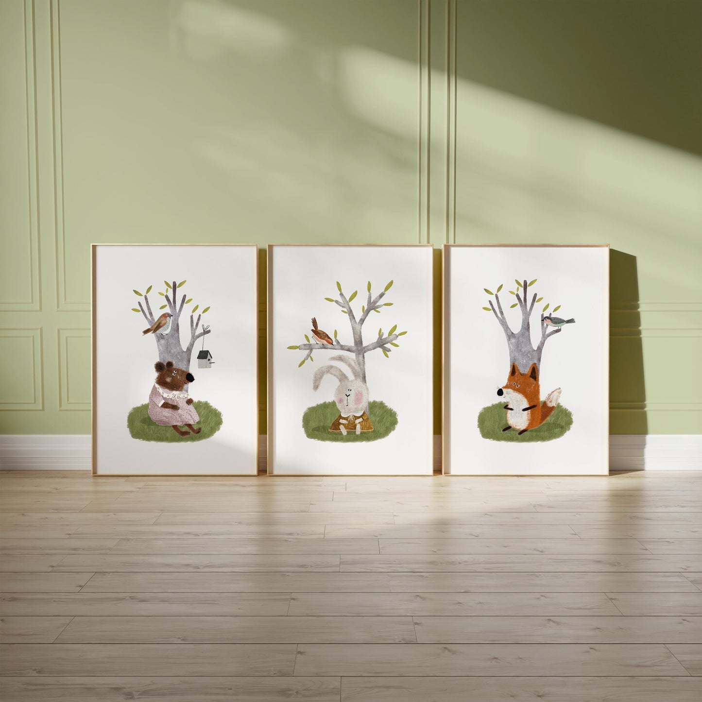 Set of Three Nursery Art Prints, Woodland Animals Wall Art For Kids, Green Nursery Art, Nursery Poster, Neutral Tone Storybook Print N200