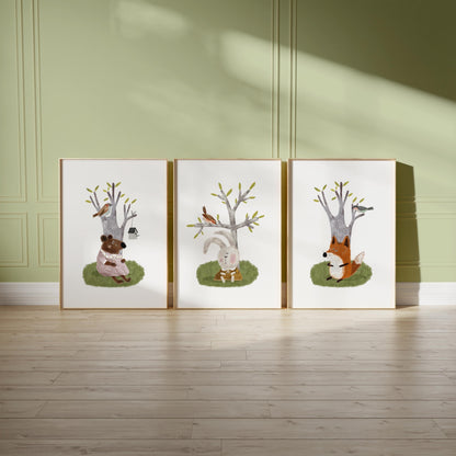 Set of Three Nursery Art Prints, Woodland Animals Wall Art For Kids, Green Nursery Art, Nursery Poster, Neutral Tone Storybook Print N200