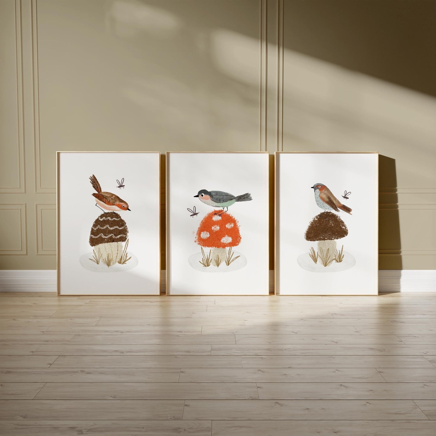 Woodland Birds and Mushroom Nursery Art Prints, Set of 3 N201