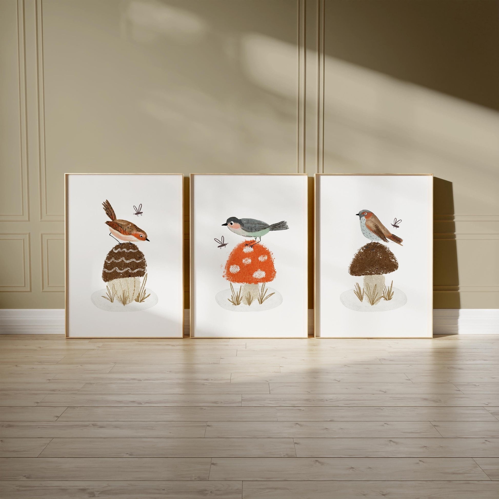 Woodland Birds and Mushroom Nursery Art Prints, Set of 3 N201