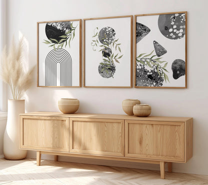 Set of 3 Boho Wall Prints, Boho Wall Art, Boho Decor, Boho Abstract Posters, Geometric Wall Poster, Green and Black Contemporary Art B013