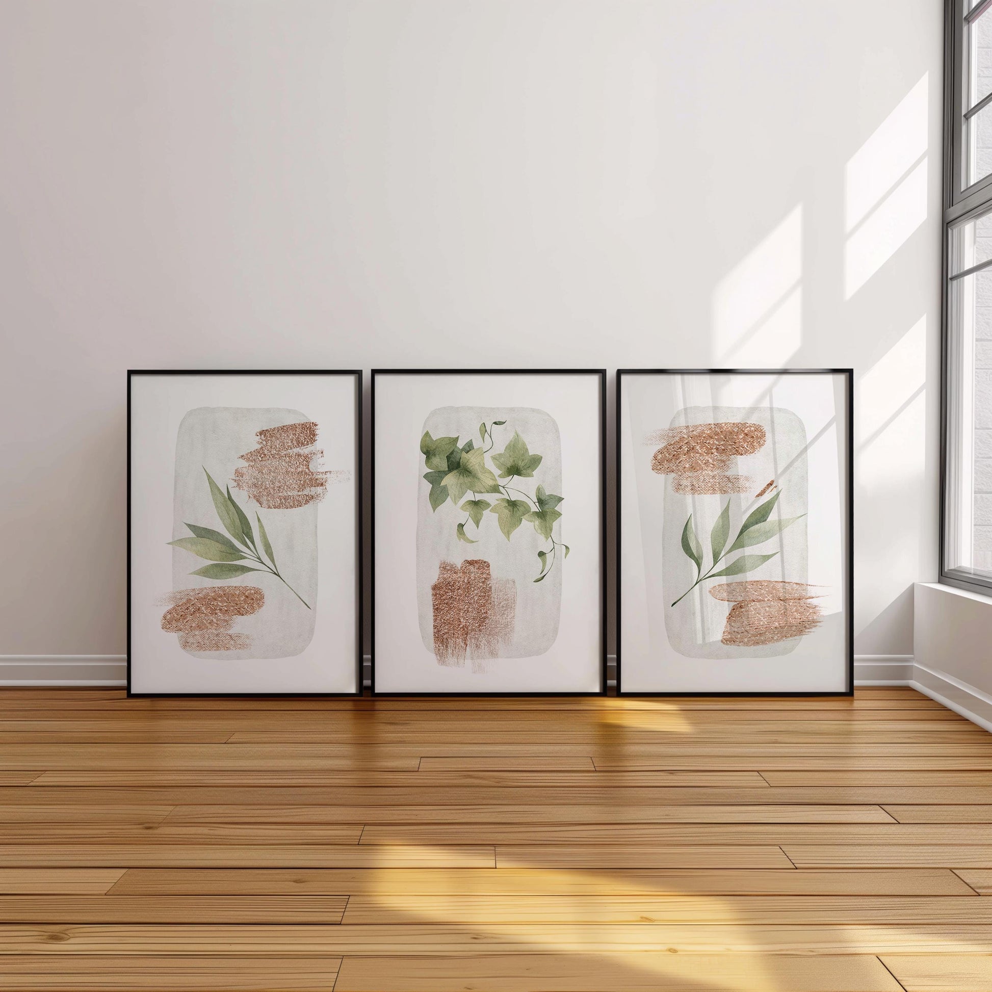 Set of 3 Boho Wall Prints, Boho Wall Art, Botanical Wall Prints, Boho Abstract Posters, Geometric Wall Poster, Green Copper Wall Decor B014