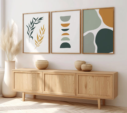 Set of 3 Boho Wall Art Prints, Sage Green Wall Prints, Boho Abstract Posters, Geometric Earth Tone Wall Poster, Mid Century Modern Decor B15