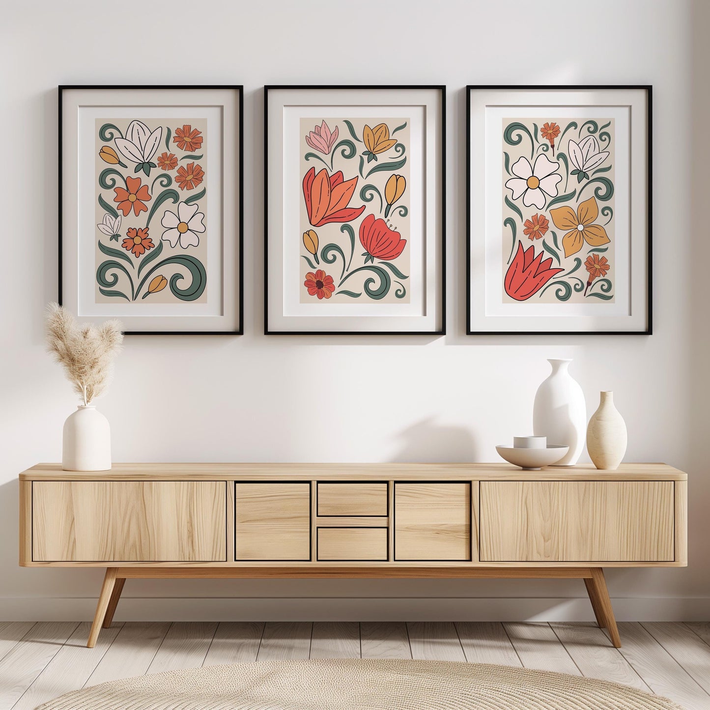 Set of 3 Boho Wall Prints, Boho Wall Art, Boho Home Decor, Retro Flower Poster, Vibrant Floral Poster, Beige, Mid-Century Style Art B019