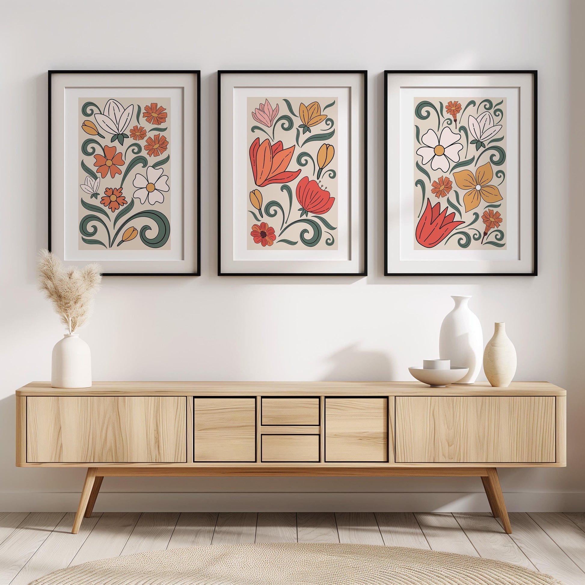 Set of 3 Boho Wall Prints, Boho Wall Art, Boho Home Decor, Retro Flower Poster, Vibrant Floral Poster, Beige, Mid-Century Style Art B019