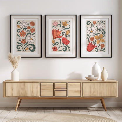 Set of 3 Boho Wall Prints, Boho Wall Art, Boho Home Decor, Retro Flower Poster, Vibrant Floral Poster, Beige, Mid-Century Style Art B019