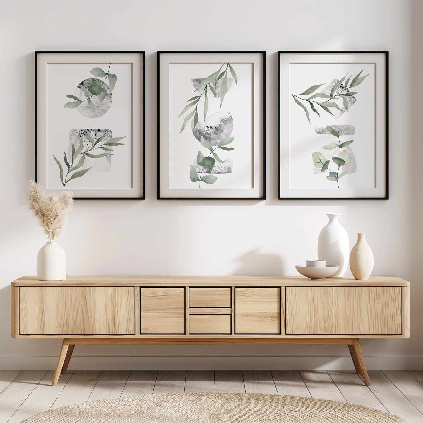 Set of 3 Boho Wall Art Prints, Sage Green Wall Prints, Boho Posters, Geometric Wall Poster, Green Floral Wall Decor, Eucalyptus Print B020