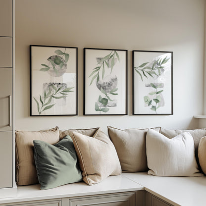 Set of 3 Boho Wall Art Prints, Sage Green Wall Prints, Boho Posters, Geometric Wall Poster, Green Floral Wall Decor, Eucalyptus Print B020