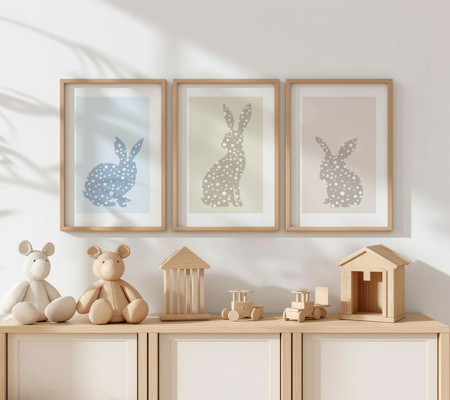Set of 3 Prints Bunny Nursery Decor, Woodland Animal wall art, Cute Neutral Nursery Print, Kids room poster, Rabbit Silhouette Prints N188