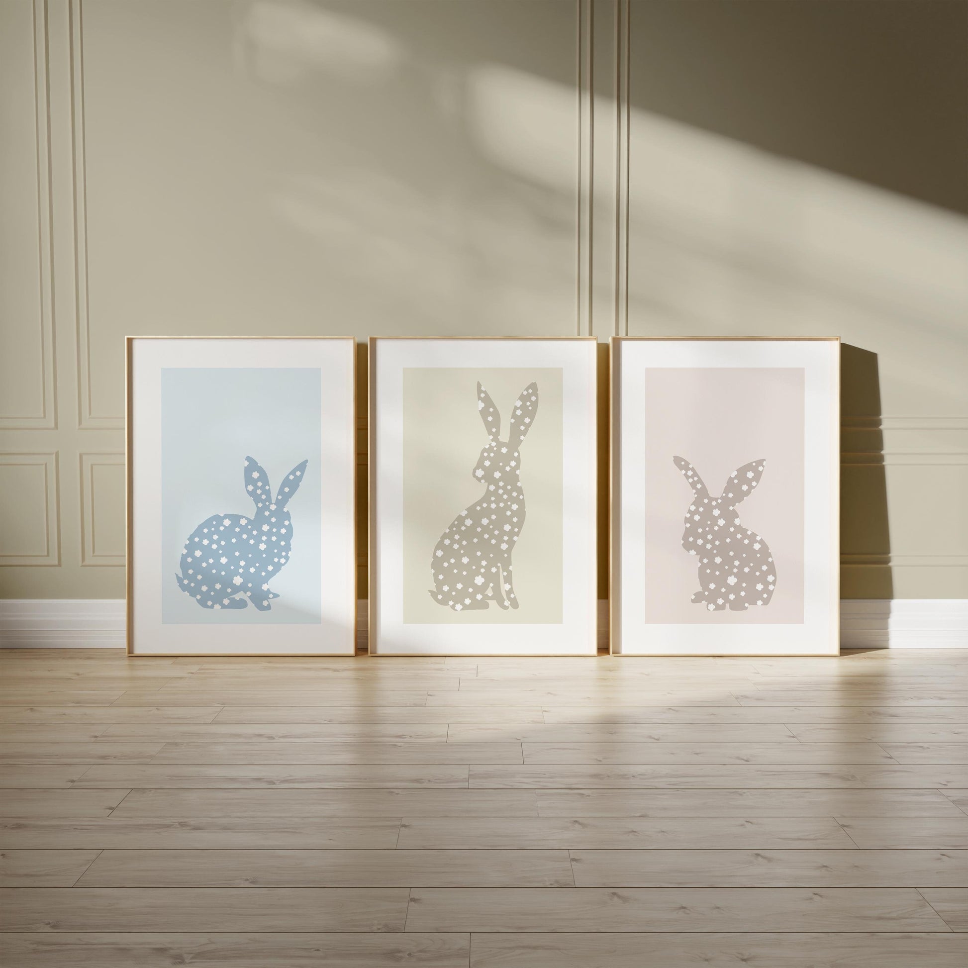 Set of 3 Prints Bunny Nursery Decor, Woodland Animal wall art, Cute Neutral Nursery Print, Kids room poster, Rabbit Silhouette Prints N188