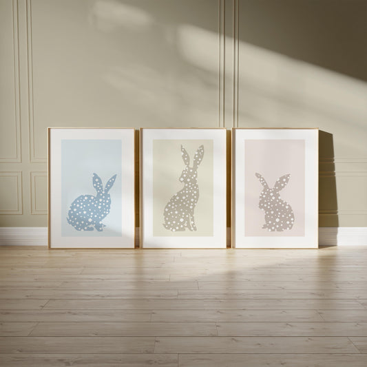 Set of 3 Prints Bunny Nursery Decor, Woodland Animal wall art, Cute Neutral Nursery Print, Kids room poster, Rabbit Silhouette Prints N188