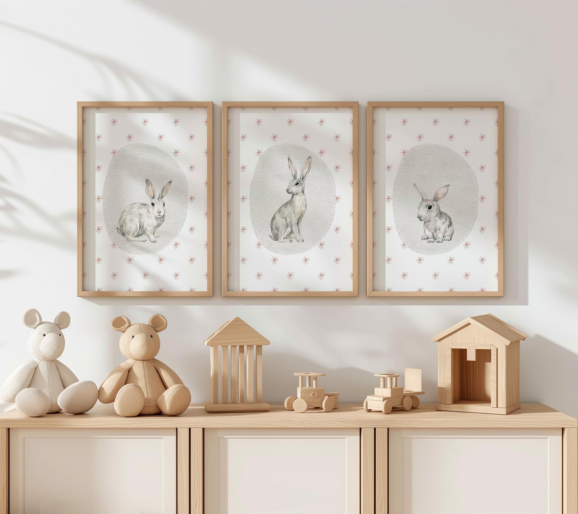 Bunny Nursery Wall Art Set of 3, Woodland Animals Prints, Baby Shower Gift, Kids Room Posters, Nursery Decor N190