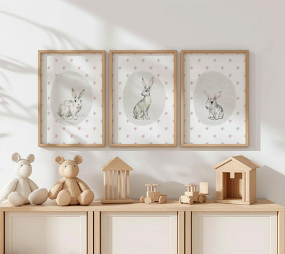 Bunny Nursery Wall Art Set of 3, Woodland Animals Prints, Baby Shower Gift, Kids Room Posters, Nursery Decor N190