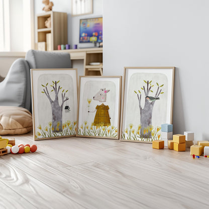 Set of 3 Nursery Enchanting Art Prints, Cute Wall Art Print for Children Room, Hand Painted Nursery Poster, Neutral Tone Storybook Print 191