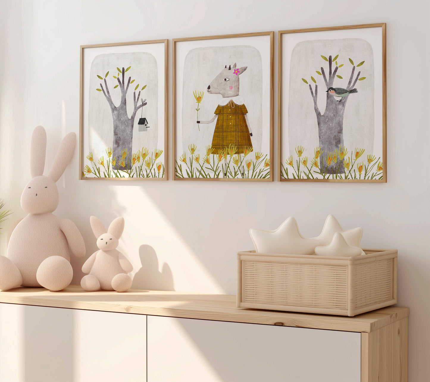 Set of 3 Nursery Enchanting Art Prints, Cute Wall Art Print for Children Room, Hand Painted Nursery Poster, Neutral Tone Storybook Print 191